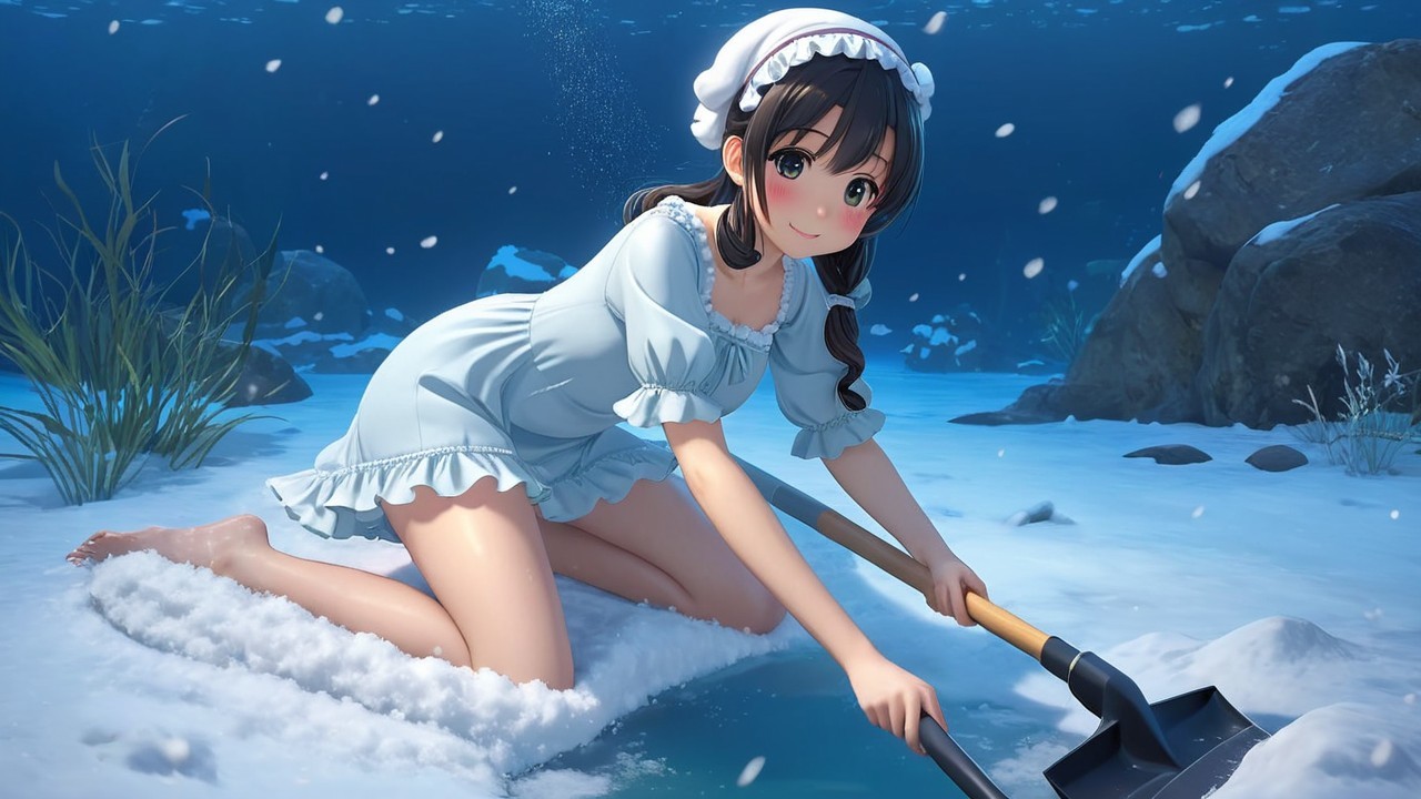 Young girl in blue dress playing in snowy underwater scene