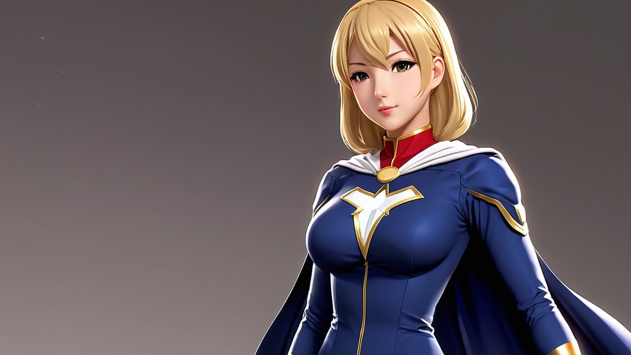 Confident Female Superhero in Blue Costume with Cape