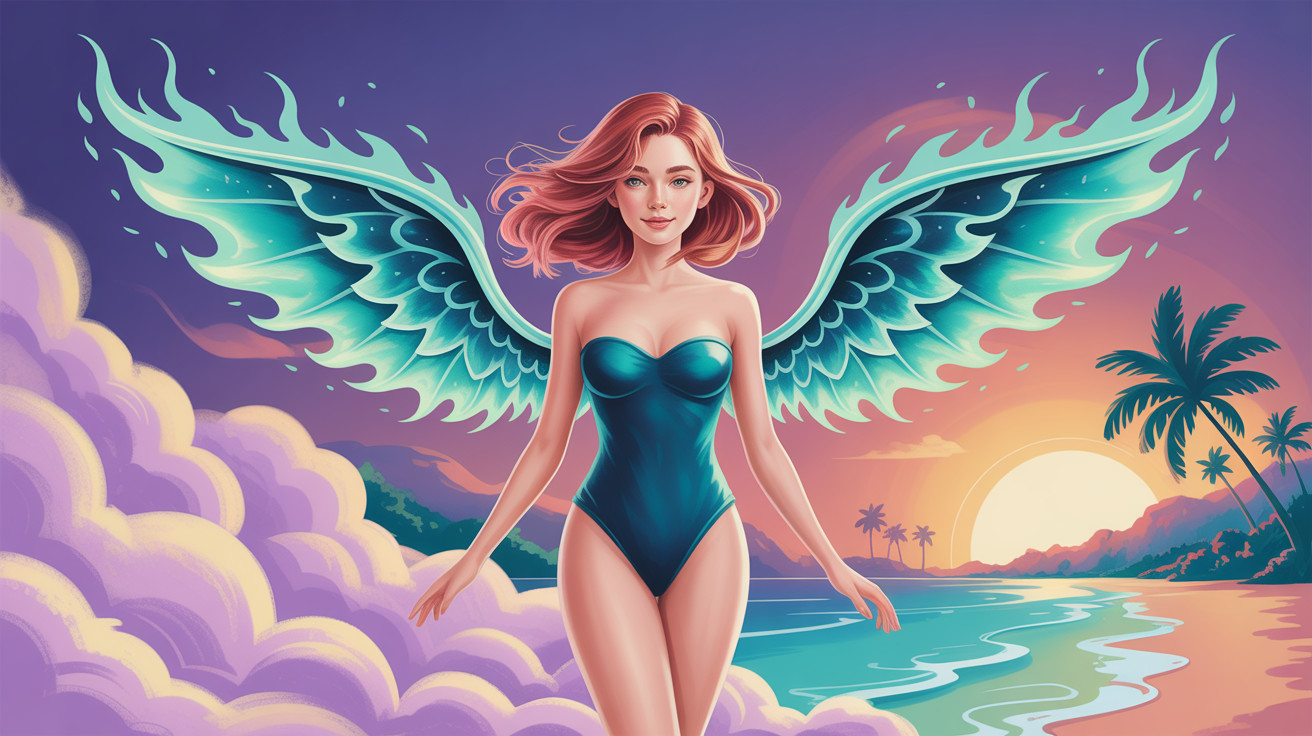 Ethereal Woman with Pink Hair at Mystical Beach Sunset