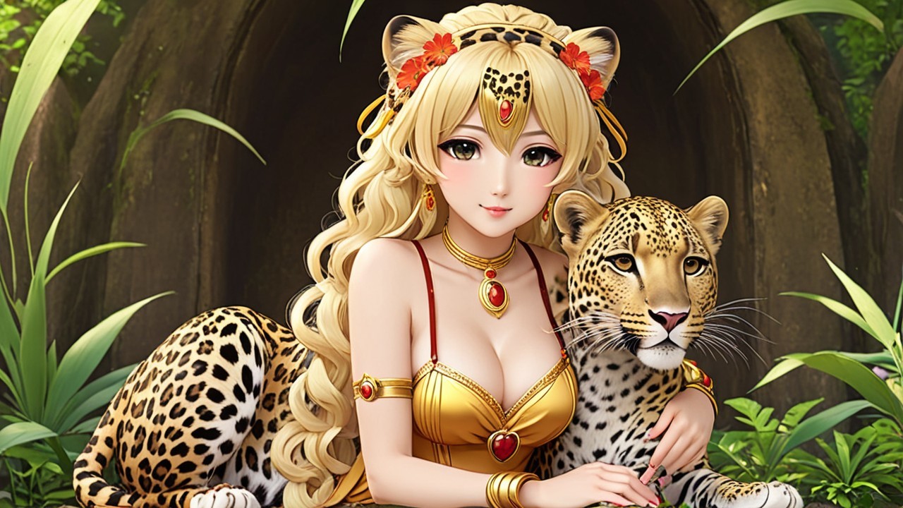Fantasy Character with Blonde Hair and Leopard Companion
