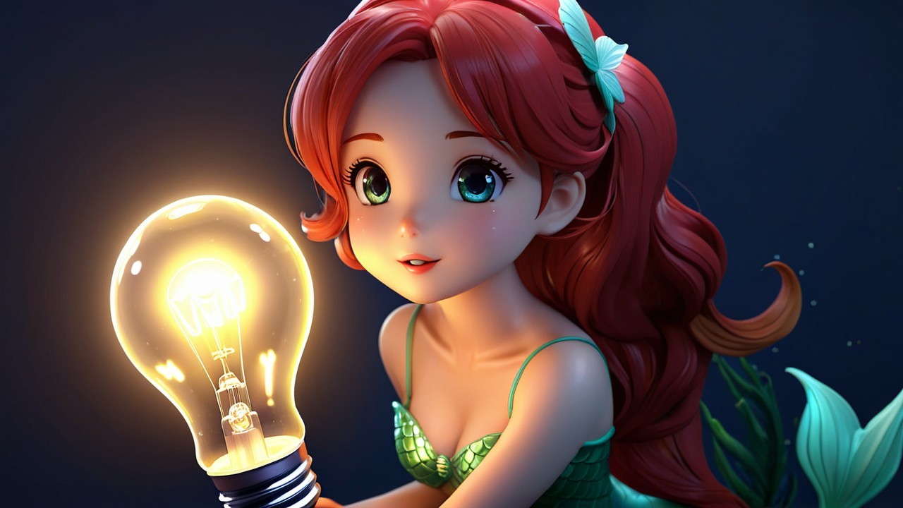 Cartoon Mermaid with Red Hair and Glowing Light Bulb