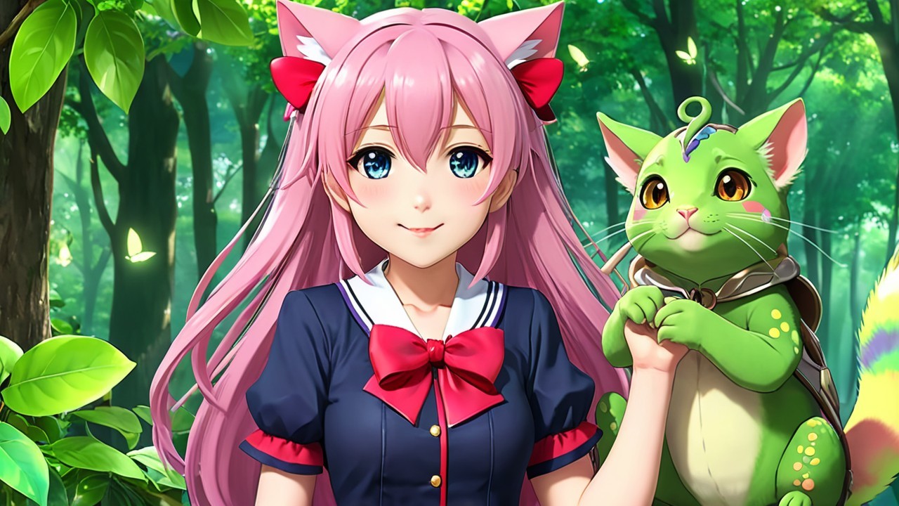 Cheerful girl with pink hair and whimsical creature in forest