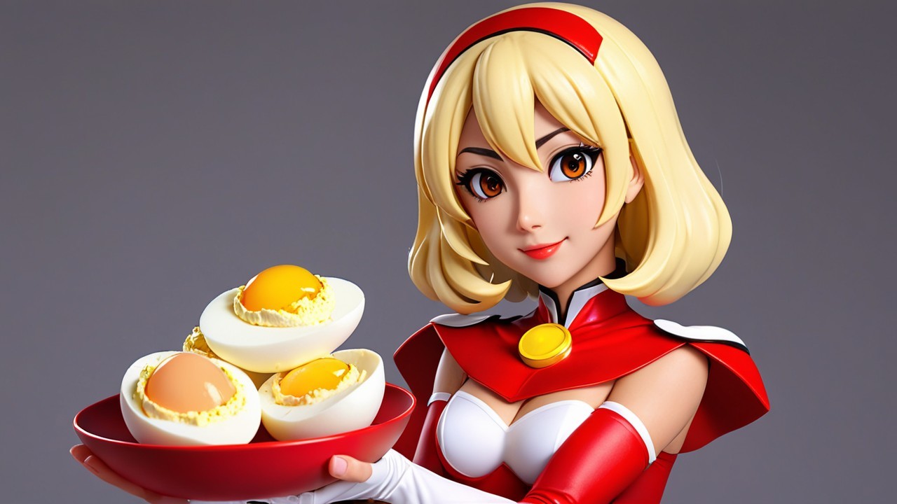 Cheerful Character with Artistic Egg Creations on Platter