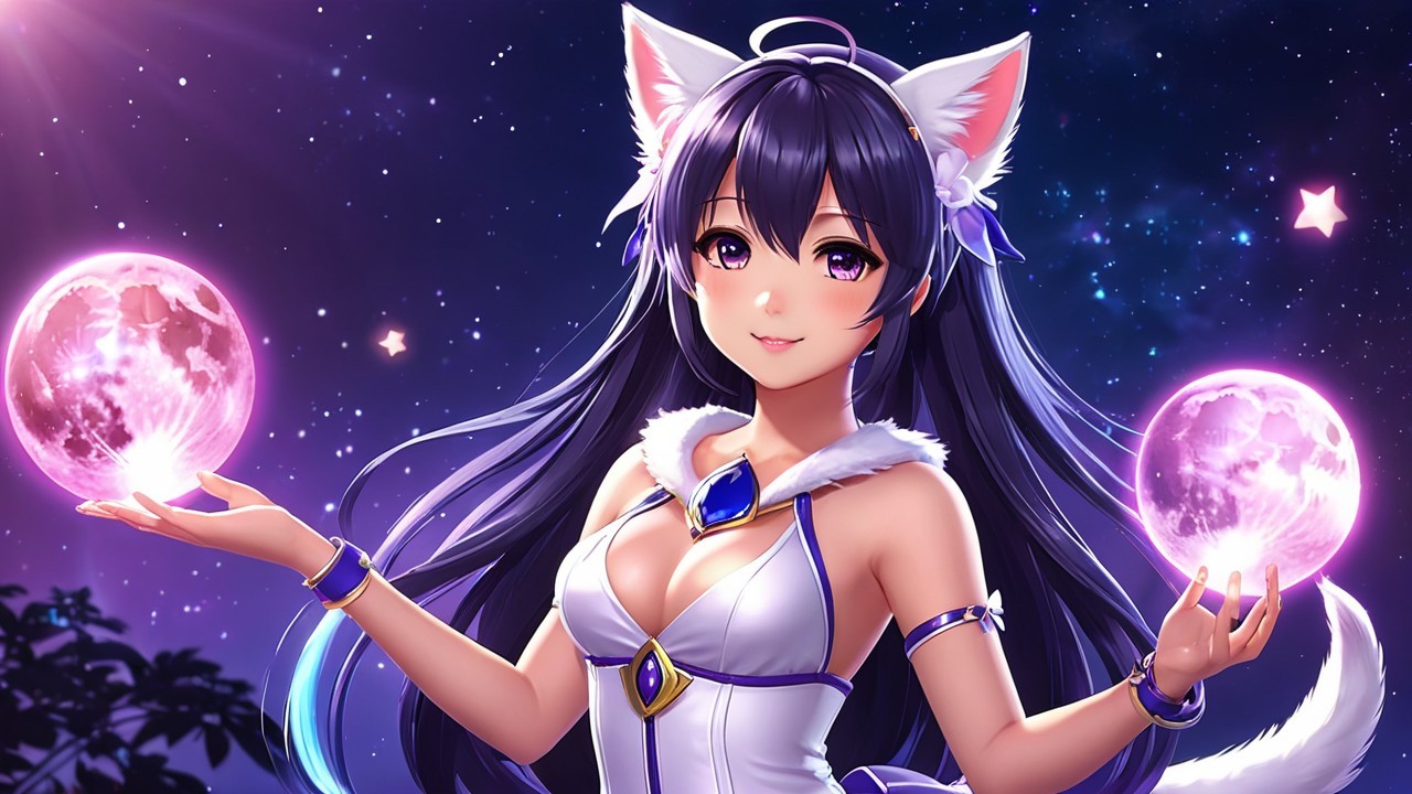 Magical Character in Starry Night with Glowing Orbs