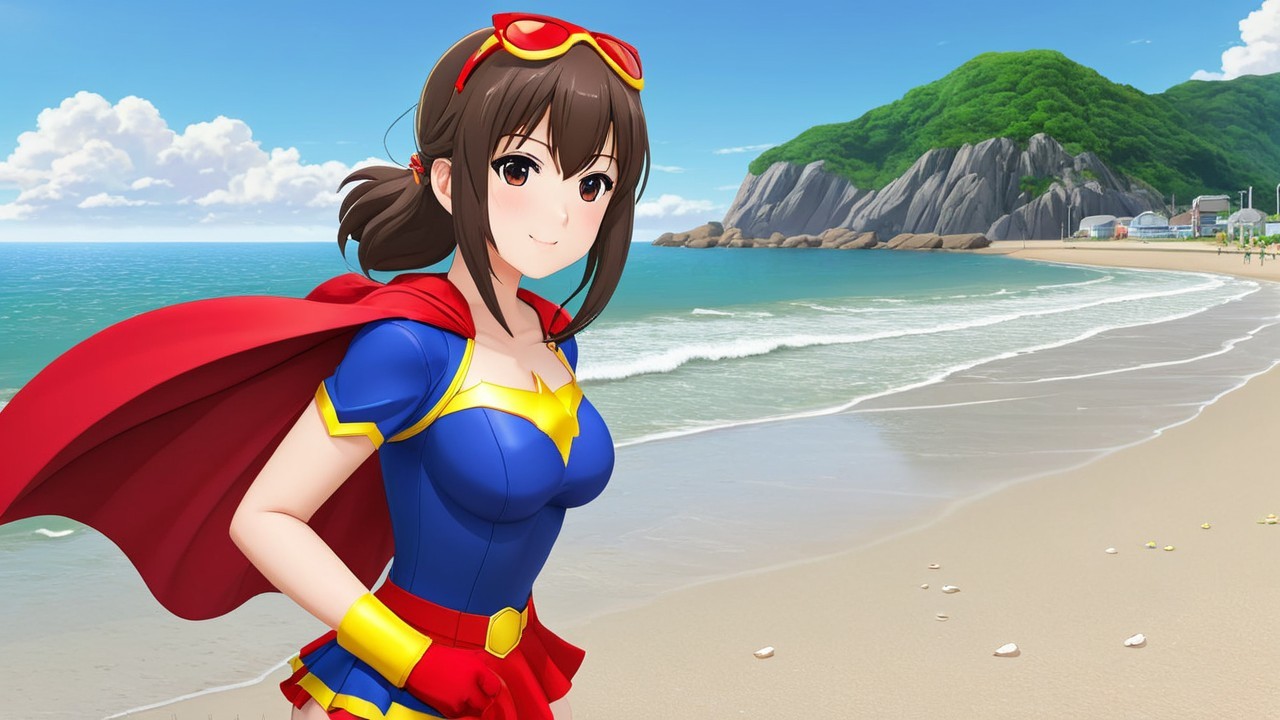 Young Girl in Superhero Outfit on Beach