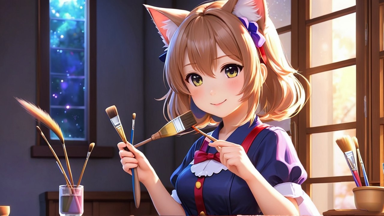 Anime-style character with cat ears and art supplies