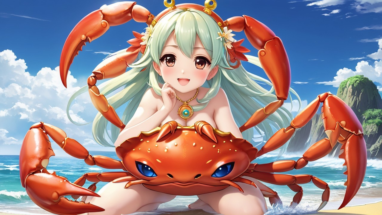 Cheerful girl with green hair and cartoon crab on beach