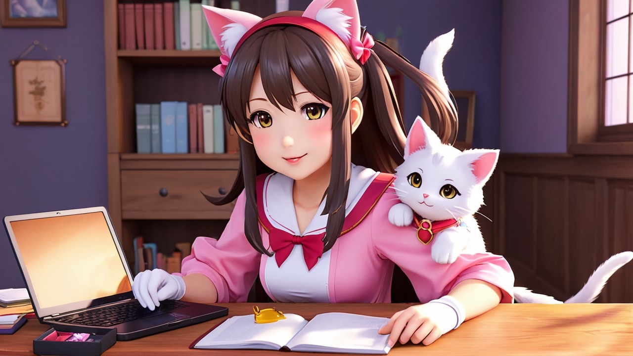 Cheerful woman with cat ears at a cozy desk setup