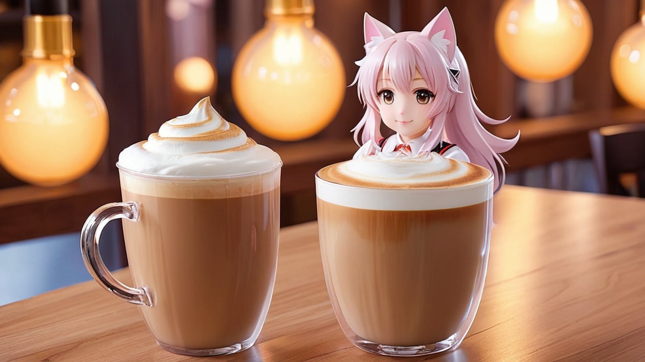 Frothy Coffee Cups with Anime Figure and Cozy Lighting