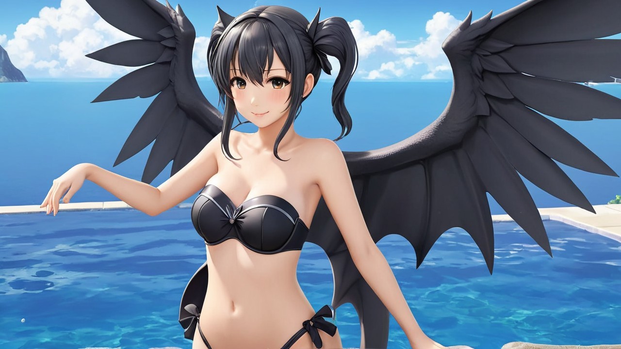 Stylized character with black wings by vibrant pool