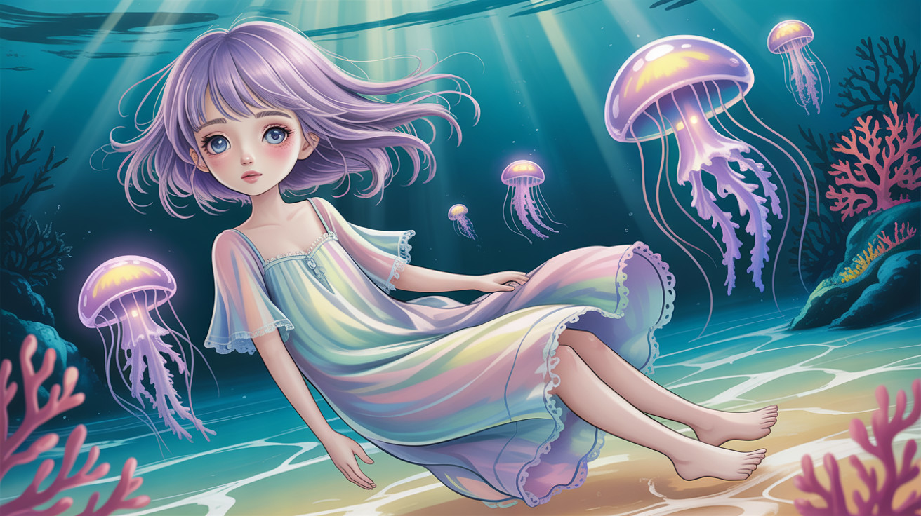 Anime girl in pastel nightgown among jellyfish and coral