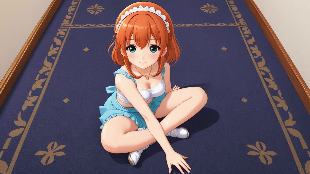 Cheerful anime character with orange curls in blue outfit