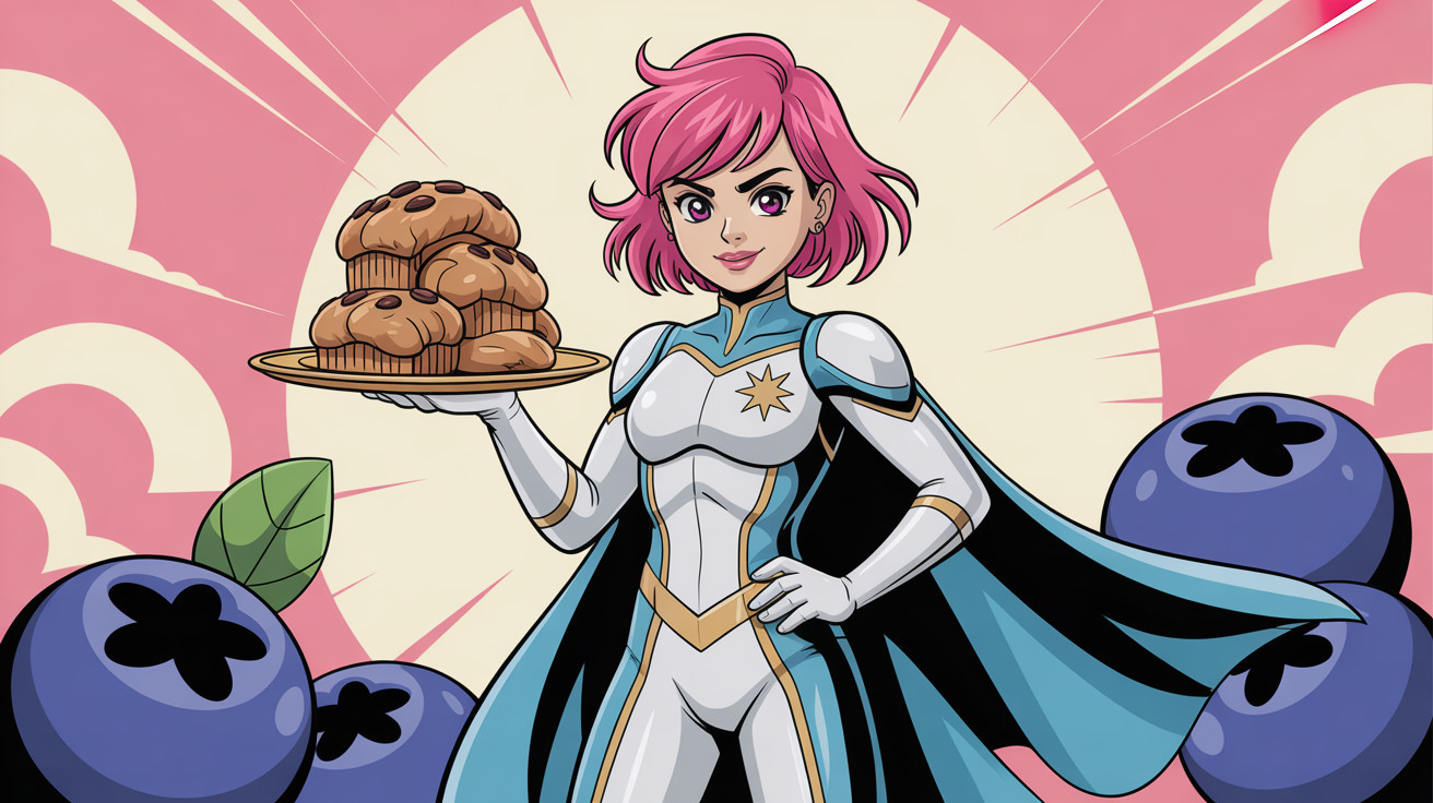 Superheroine with Pink Hair Holding Muffins in Clouds
