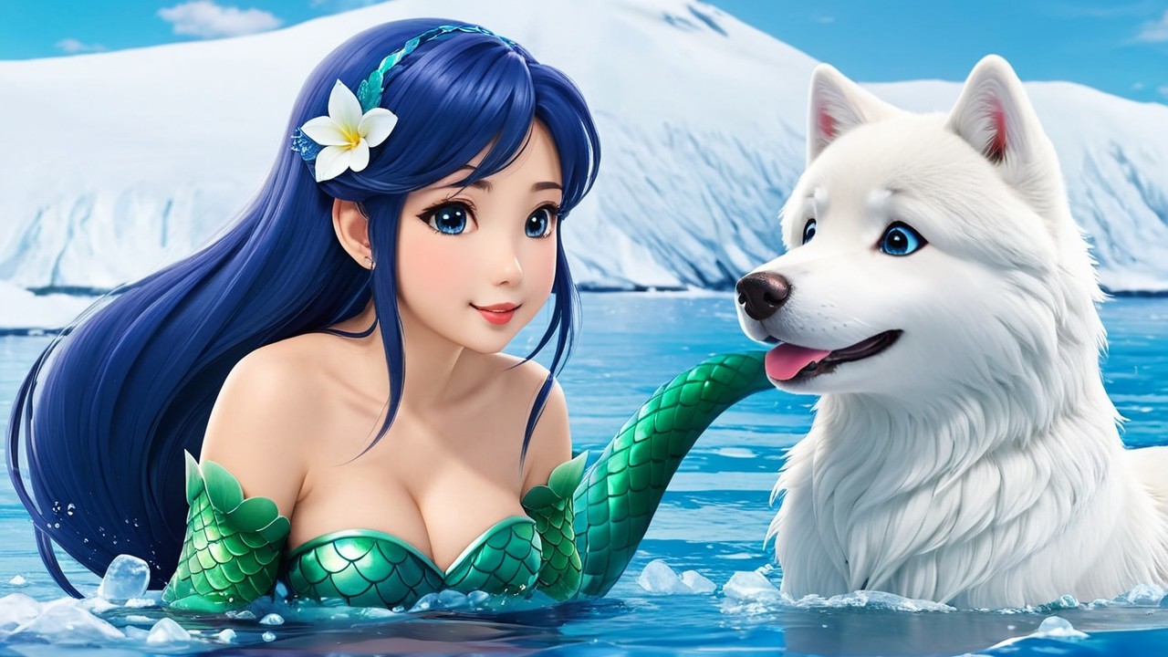 Mermaid and Samoyed in a Fairy-Tale Landscape