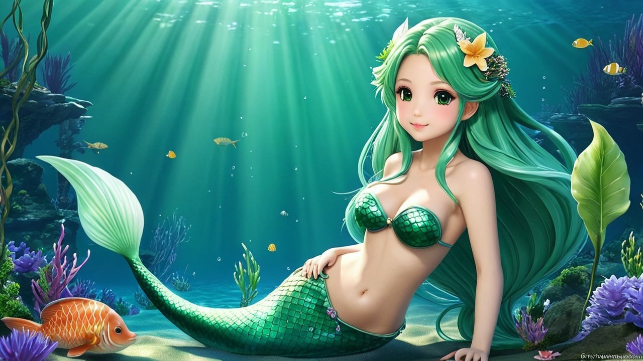 Underwater Scene with a Graceful Mermaid and Coral