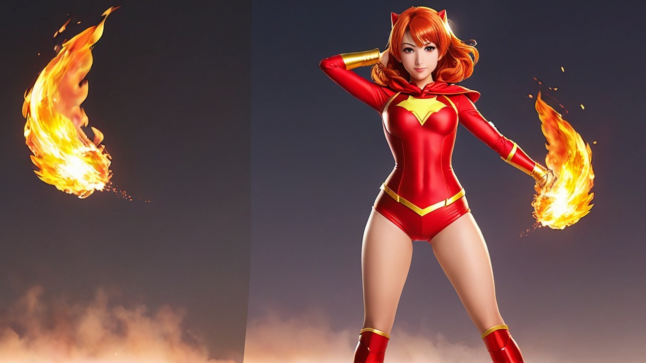 Vibrant female character in red outfit with flames