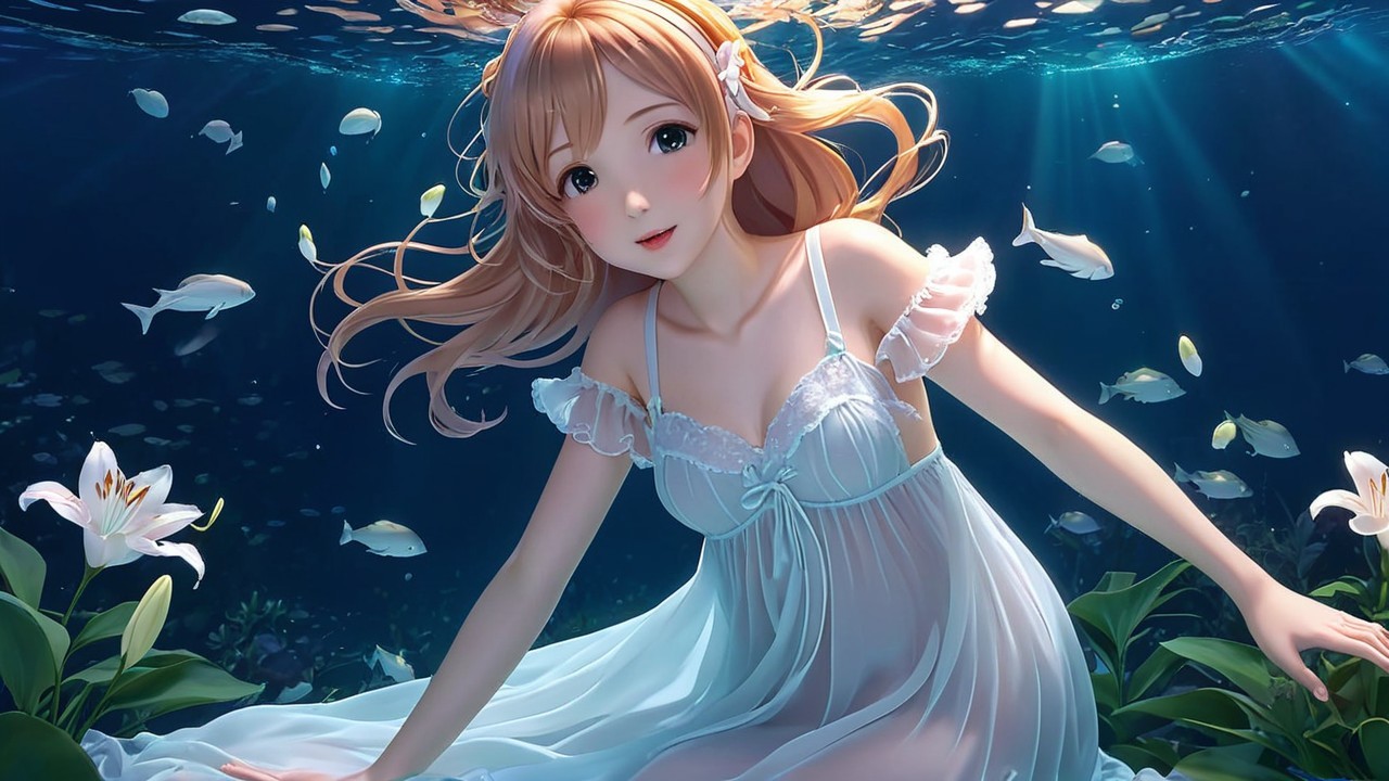 Underwater Scene with Woman in White Dress and Fish