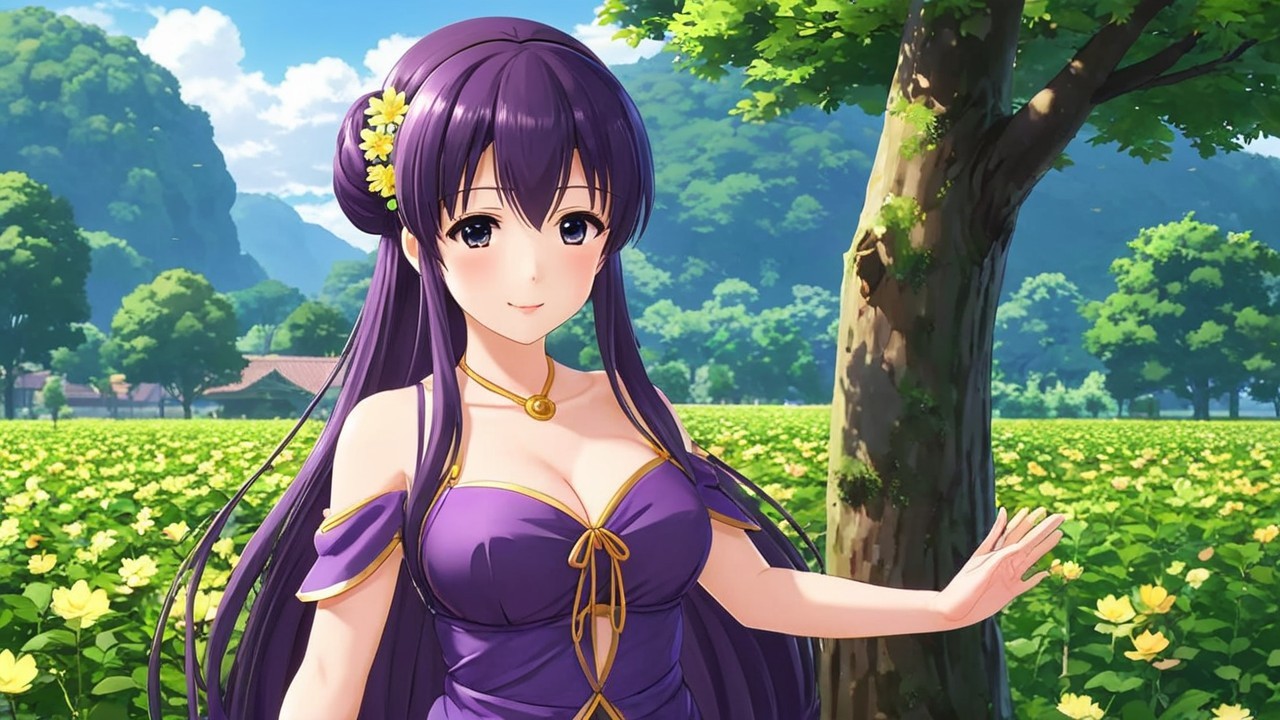 Young Woman in Purple Dress in Vibrant Green Field