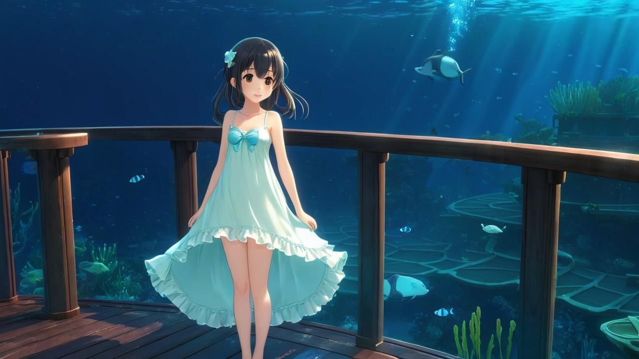Young girl on platform above vibrant underwater scene