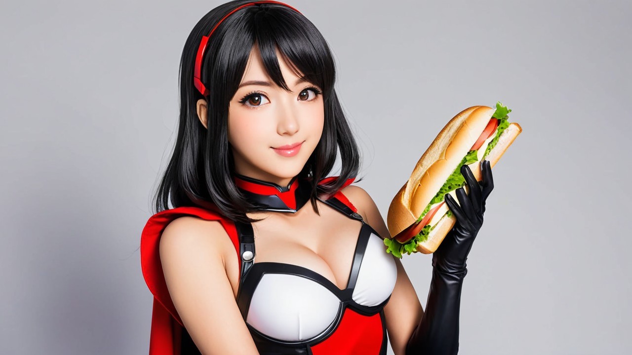 Cheerful character with sandwich in stylish outfit