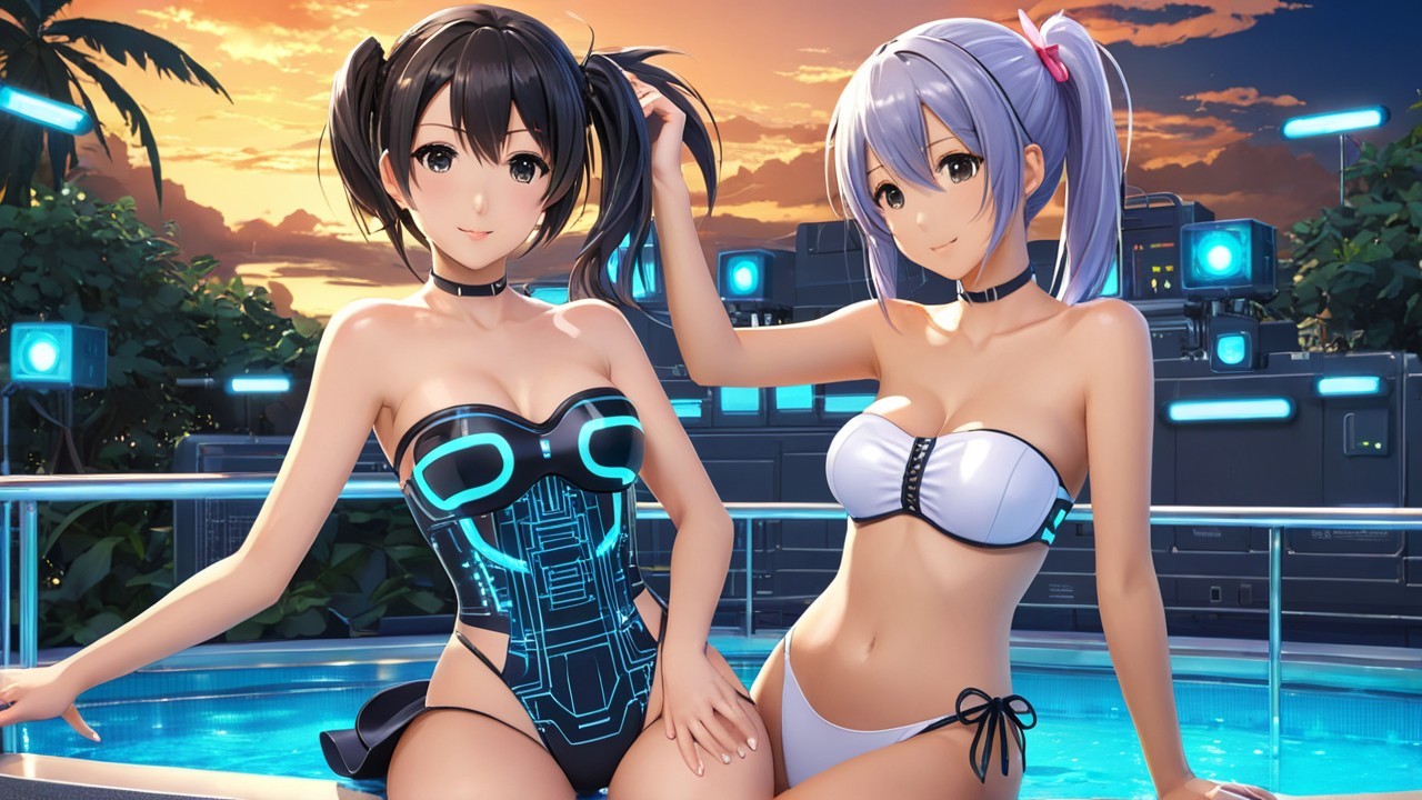 Anime Characters by Poolside in Futuristic Setting