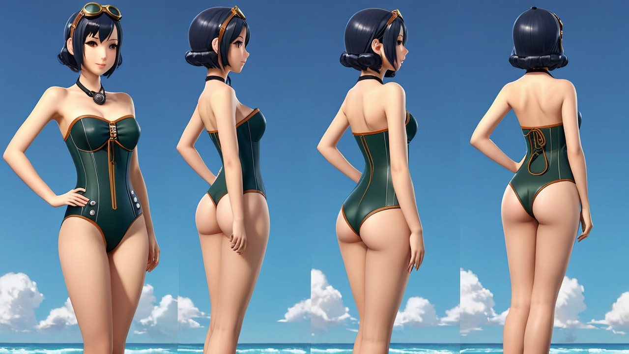 3D Character Model in Vintage Green Swimsuit