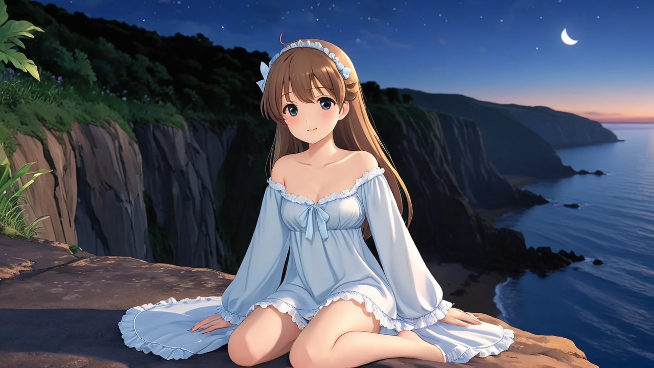 Serene Anime Scene of Girl by Ocean at Sunset