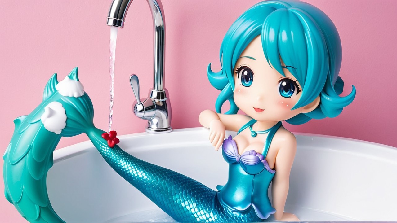 Stylized Mermaid Figure in Bathtub with Pastel Background