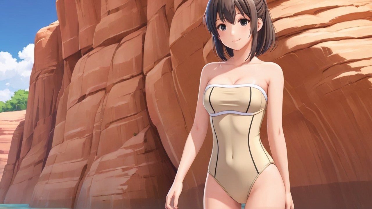 Cheerful anime character at rocky shore in swimsuit
