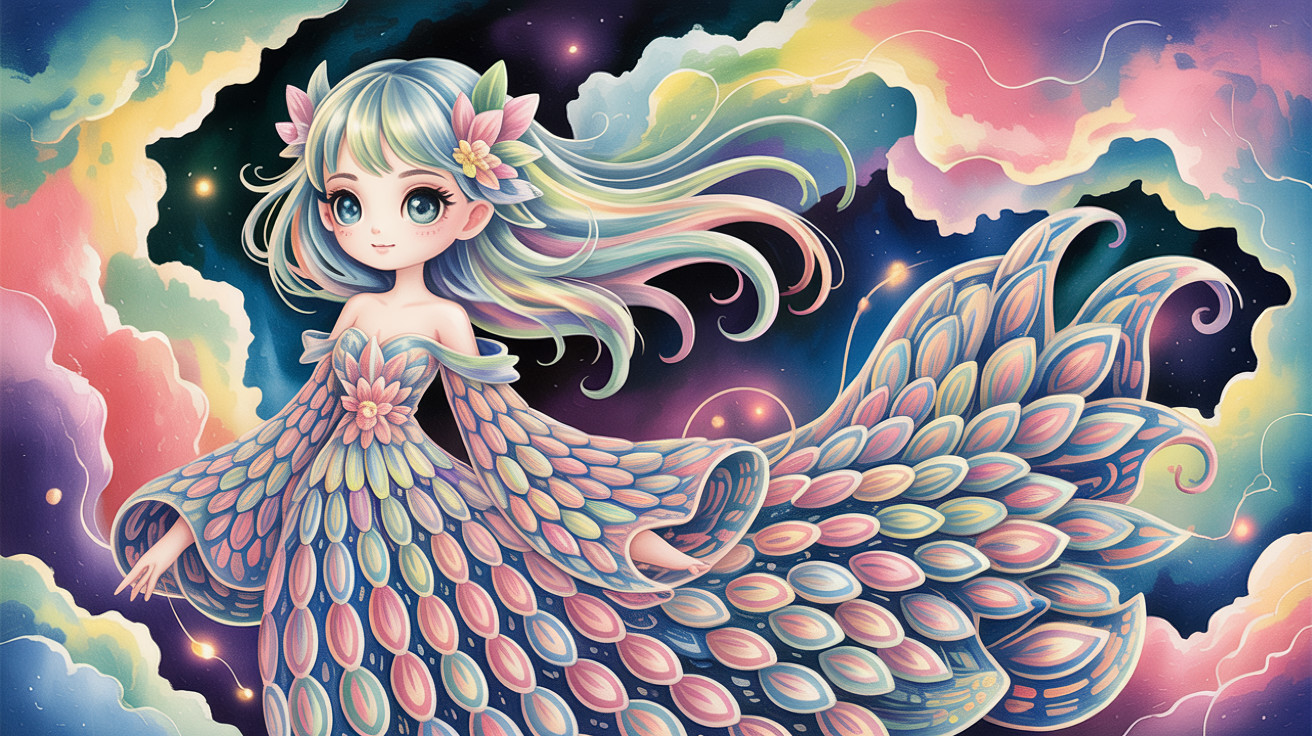 Chibi Anime Girl in Pastel Dress in Space Scene