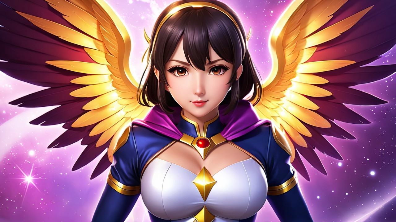 Female Character with Golden Wings in Cosmic Scene