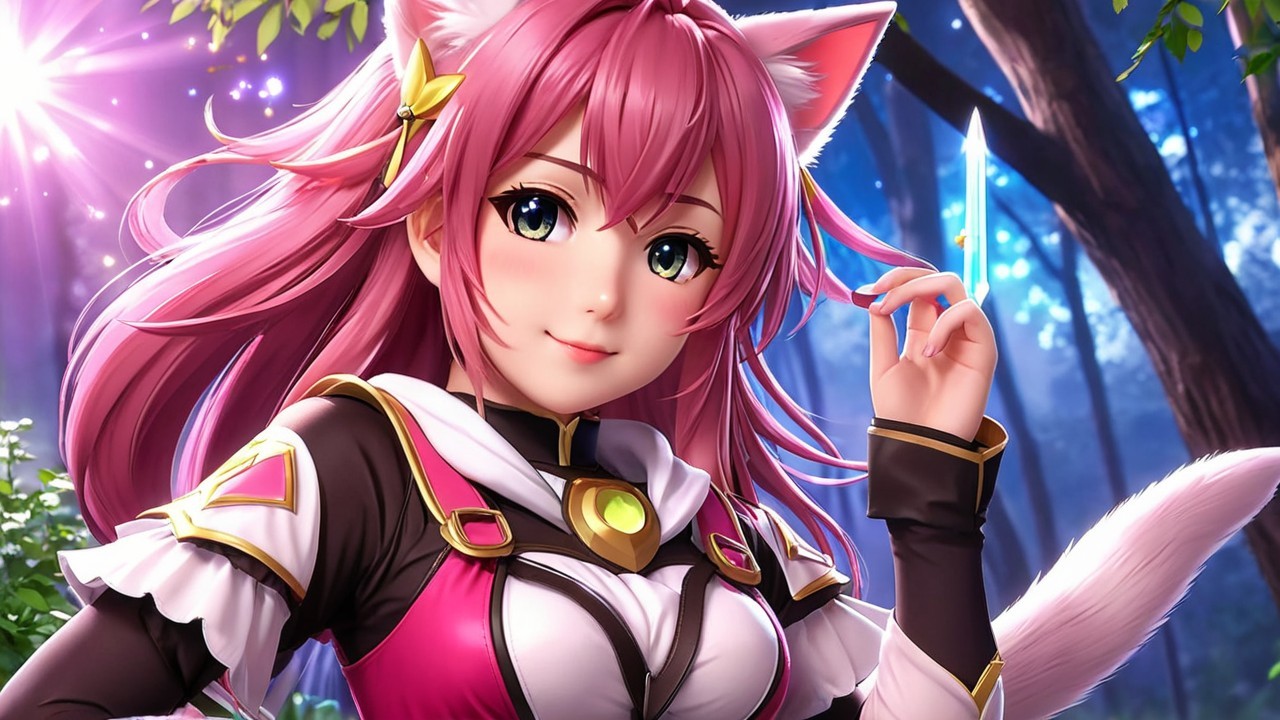 Fantasy Character with Pink Hair in Magical Forest
