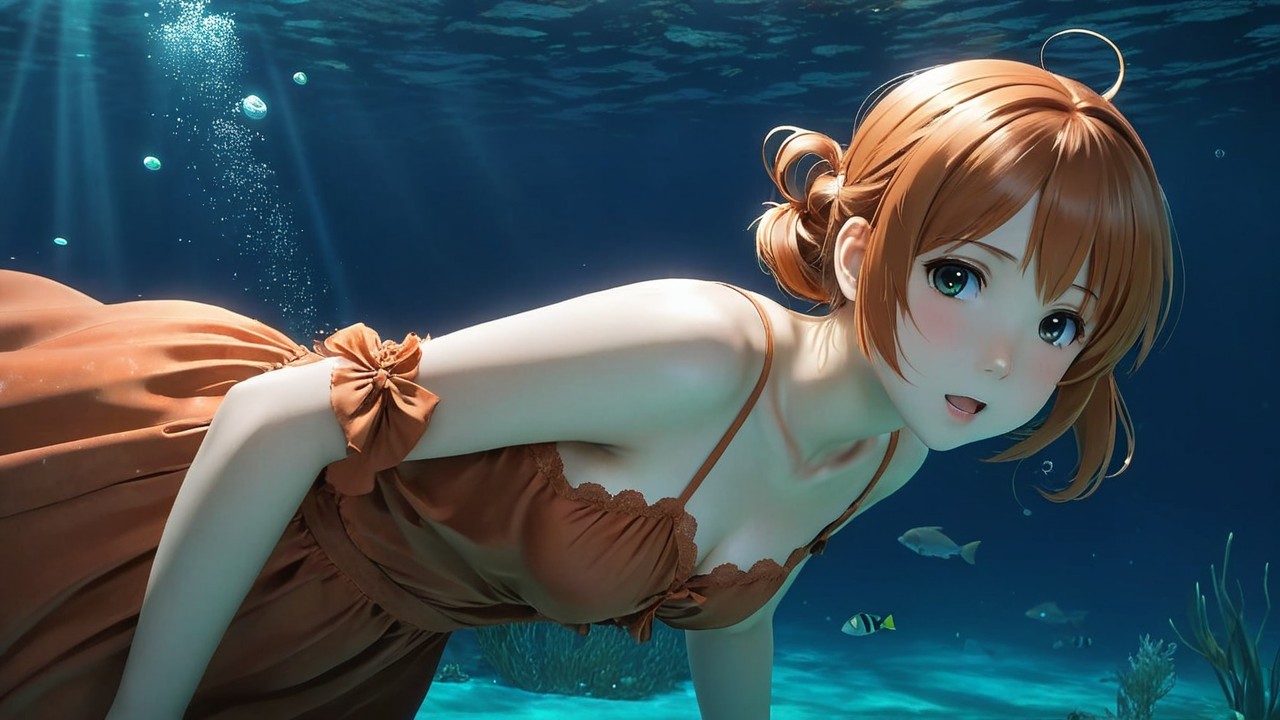 Anime Character Underwater in Serene Coral Scene