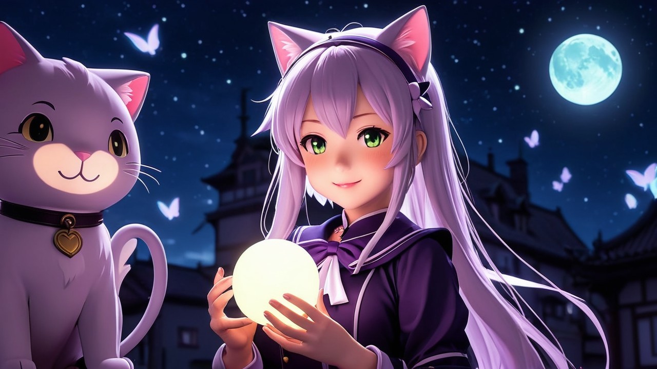 Young girl with lavender hair and glowing orb in night sky