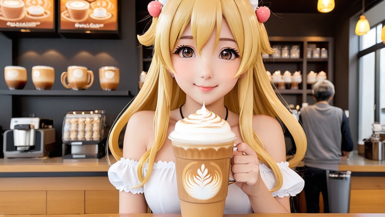 Cheerful anime girl in café with latte and stylish decor