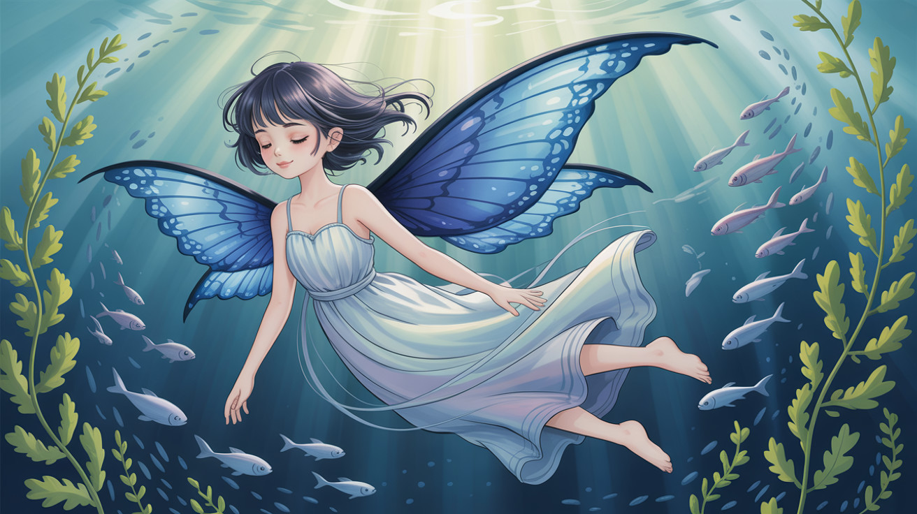 Fairy with Blue Wings Swimming in Enchanting Ocean