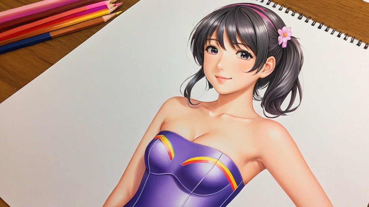 Illustrated character with flower and colored pencils