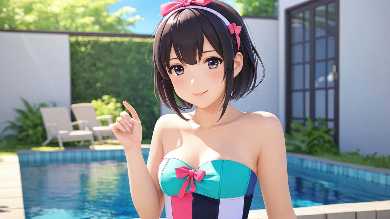 Cheerful anime character by sparkling blue pool