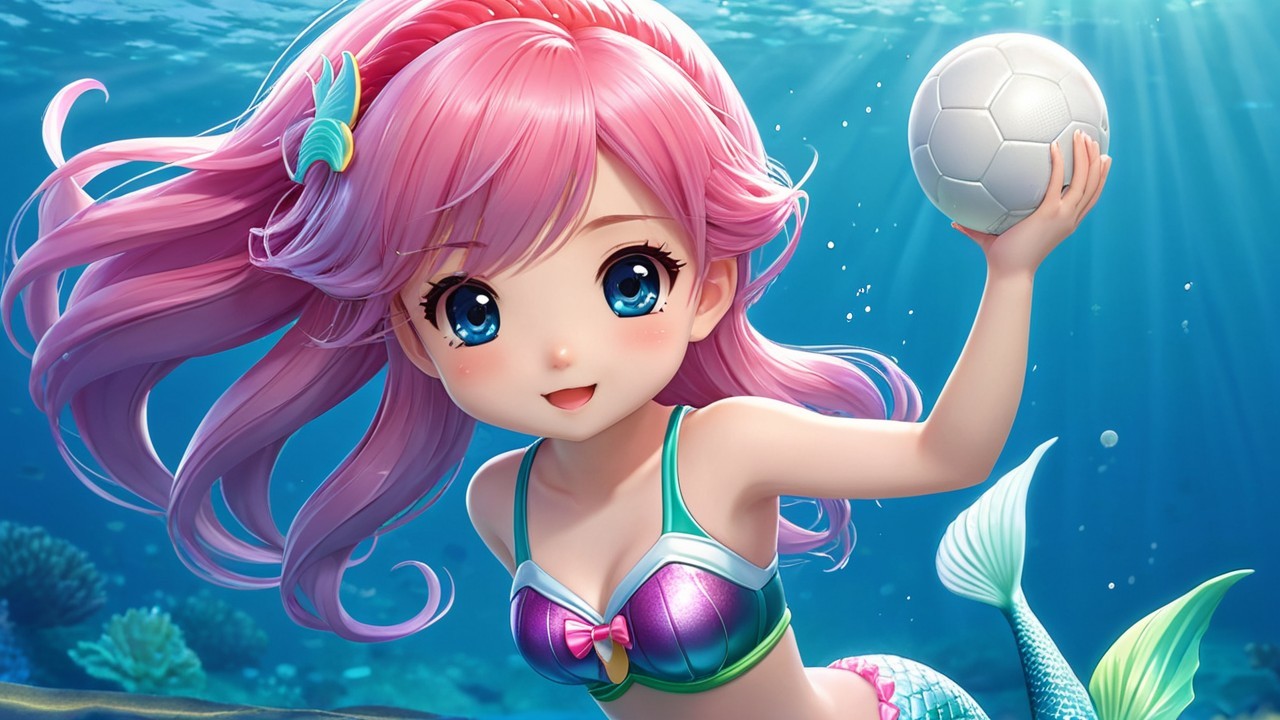 Cheerful young mermaid with pink hair and soccer ball
