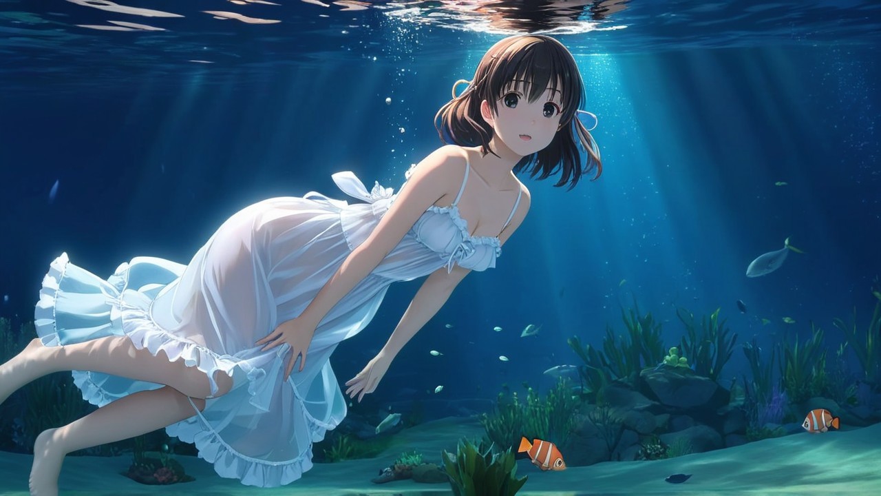 Young girl in white dress swimming underwater with fish