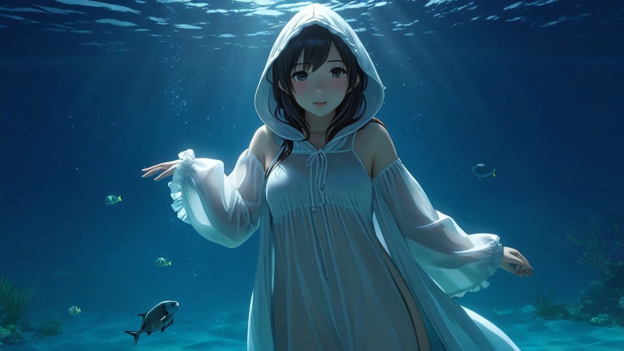 Underwater Scene with Girl in White Dress and Fish