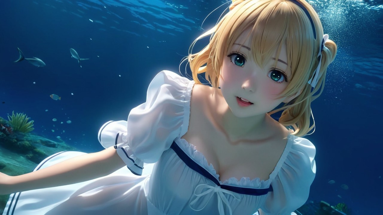 Underwater Scene with Anime Character and Colorful Fish