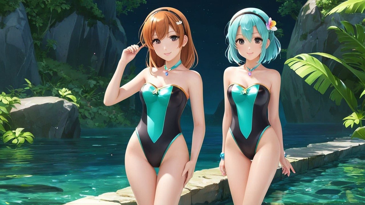 Animated Characters by a Shimmering Pool at Night