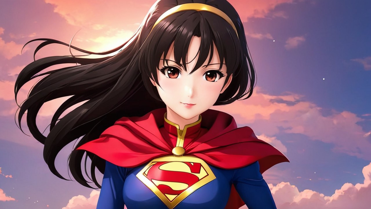Confident Young Woman in Superhero Costume Against Sky