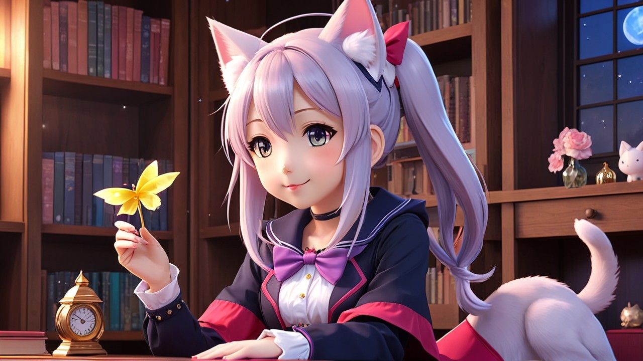 Anime Character with Cat Ears in Cozy Room Setting
