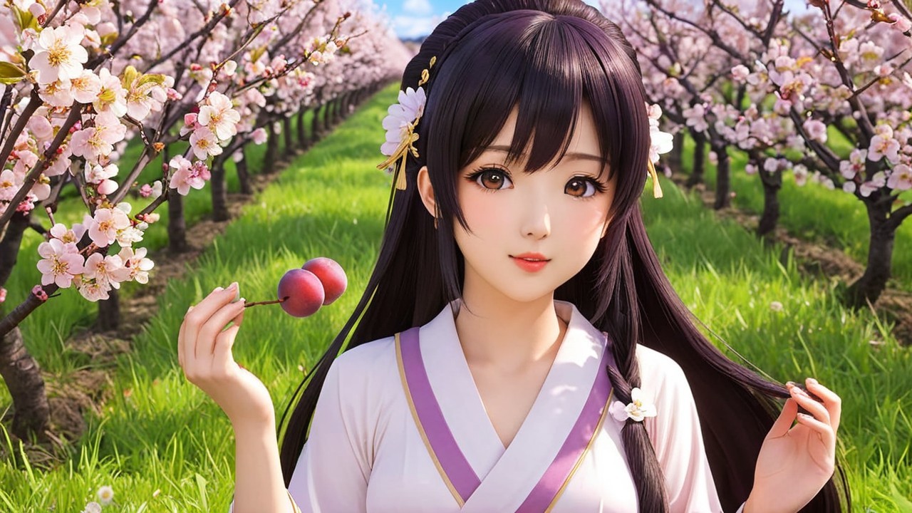 Young Woman in Cherry Blossom Orchard with Fruits