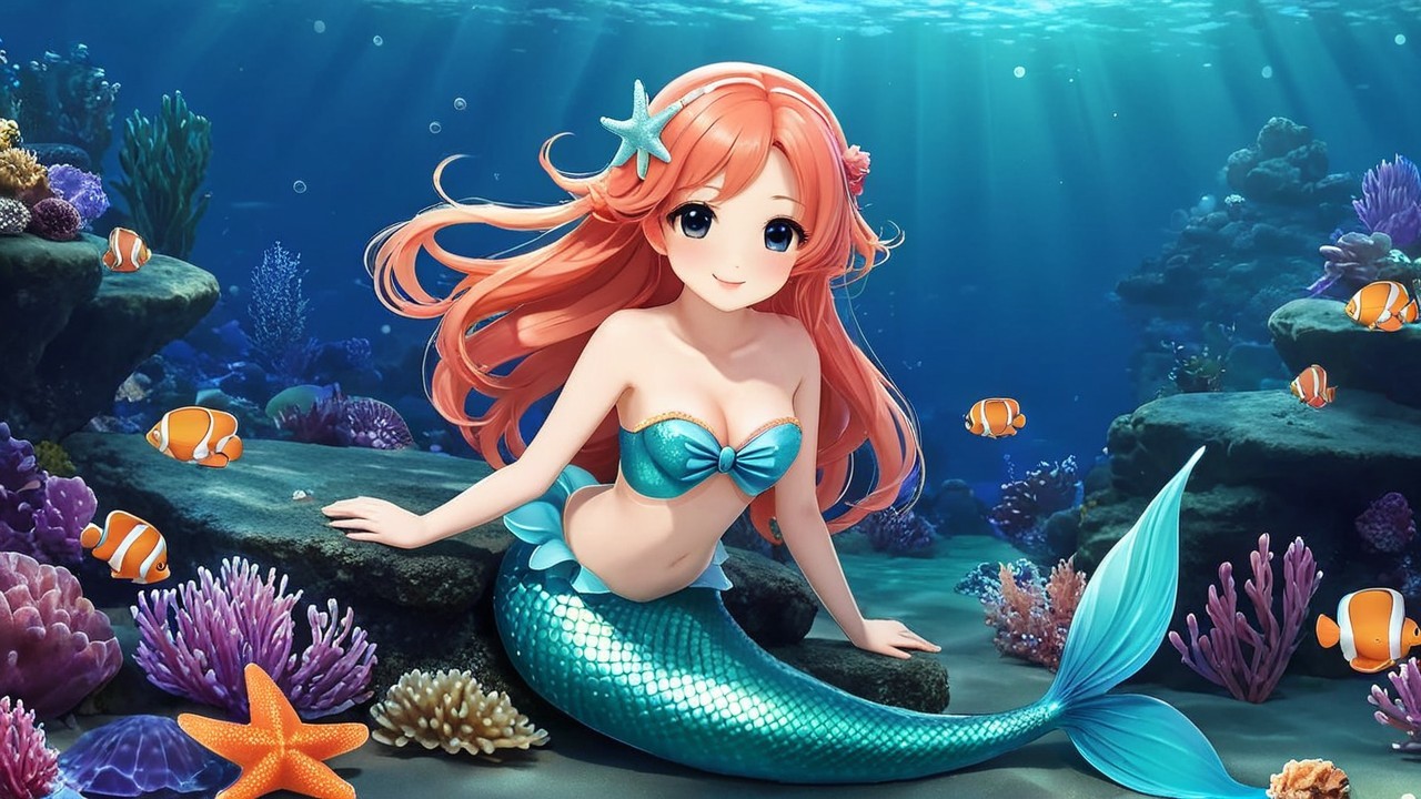 Vibrant Underwater Scene with Cheerful Mermaid and Coral