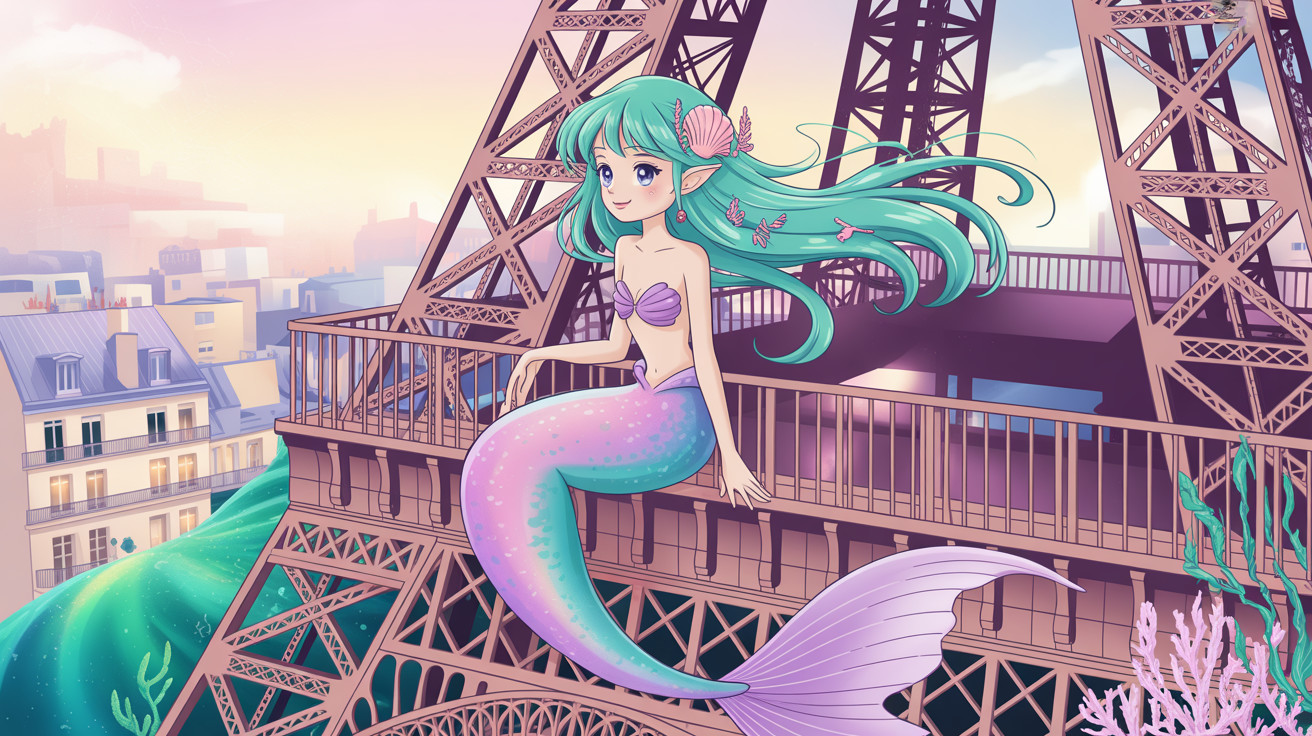 Mermaid Illustration on Eiffel Tower with Water Waves
