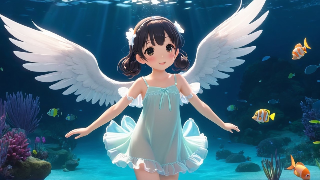 Anime girl with angelic wings swimming underwater