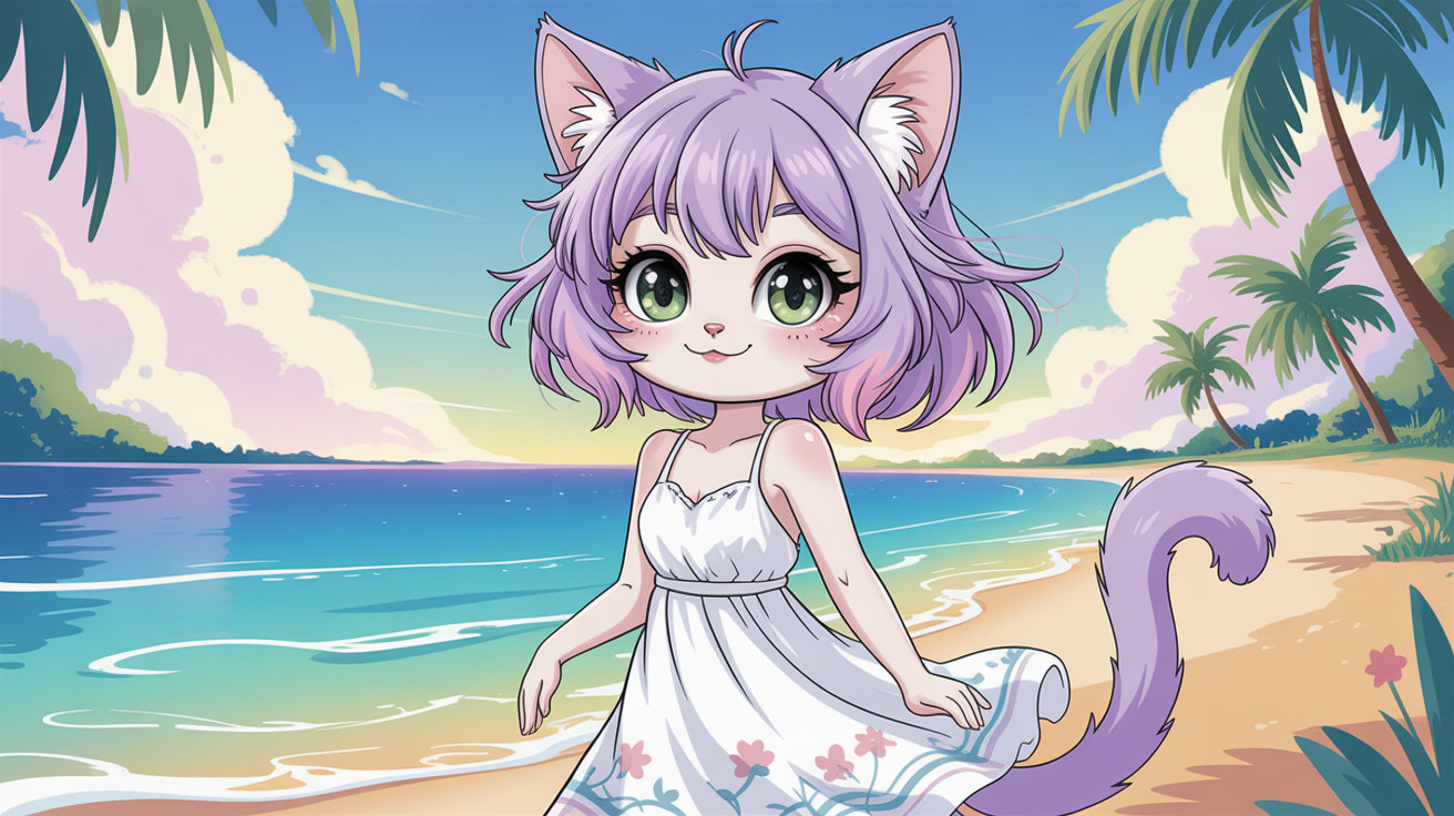 Chibi-style anime cat-girl on a tropical beach